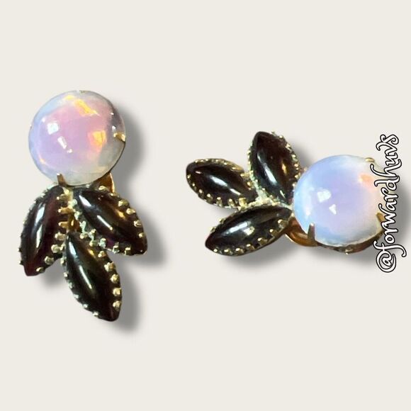 Vintage Opalescent and Ruby Glass Dangle Earrings | Gold-Toned Metal - Picture 7 of 12